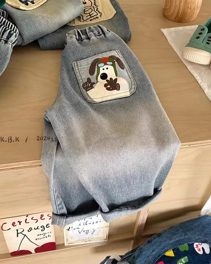 2024 Spring Autumn Kid Boys Denim Pants Side Pocket Polished White Children Boys Pants Elastic Waist Casual Baby Boys Trousers