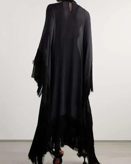 UOOZEE Women’s Black Tasseled Two-Piece Maxi Dress – See-Through Batwing Sleeve Spring Party Evening Dress 2025