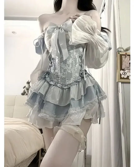 French Romantic Lolita Opal Elegant Girl Cosplay Princess Puffy Sleeve Bow Flower Tunic Mesh Fantasy Fairytale Dress