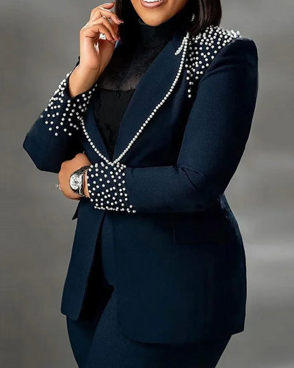 2 Pieces Women's Sets A Long Sleeve Pearl Blazers Suit