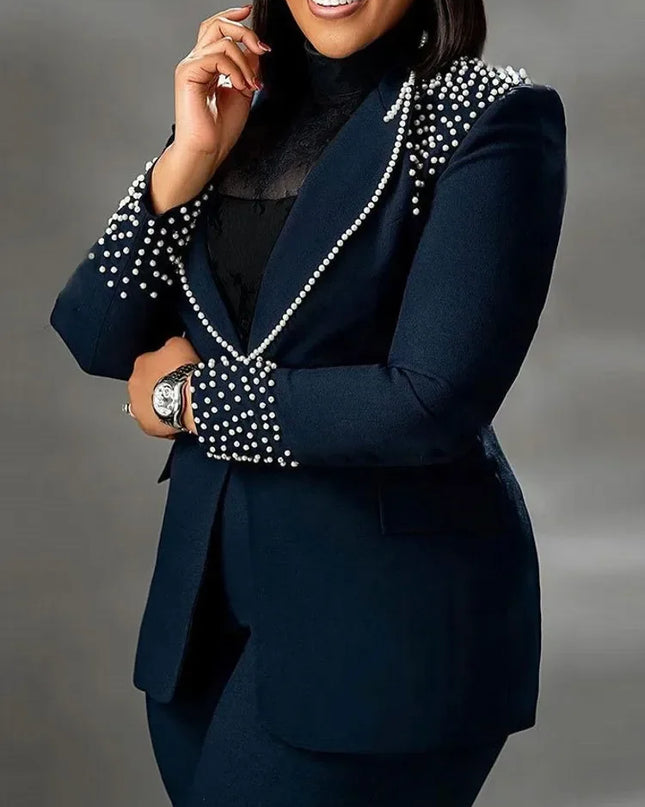 2 Pieces Women's Sets A Long Sleeve Pearl Blazers Suit