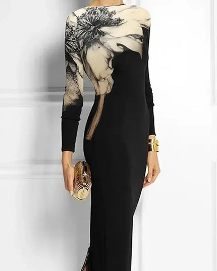 UOOZEE 2024 Autumn Women’s Floral Maxi Dress – Bodycon Long Sleeve, Boat Neck, Fashion A-Line Evening Dress, Urban Casual Style