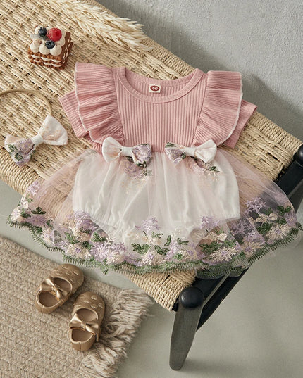 BeQeuewll 0-2Y Baby Girl Romper Dress Flower Embroidery Knit Rib Ruffles Crew Neck Jumpsuits Summer Bodysuits with Bow Headband