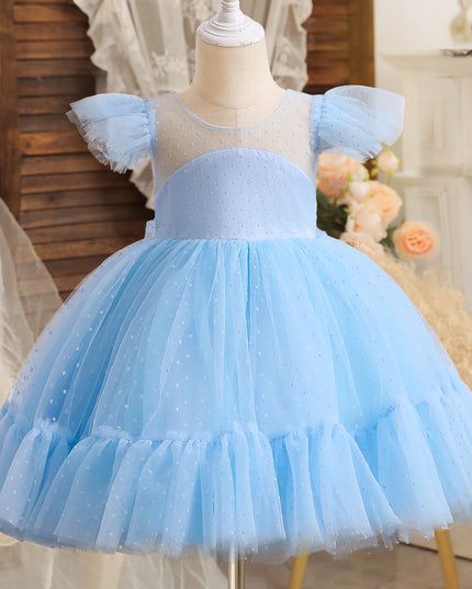 Flower Girl Wedding Dress Kids Pink Birthday Party Bow Princess Clothes Baby Evening Gala Costume Summer Ruffle Sleeve Tutu Gown