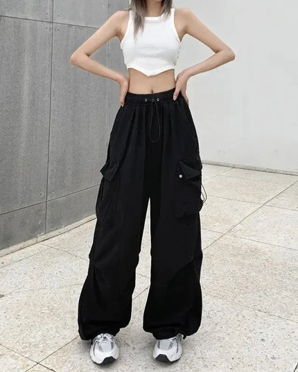 Women Casual Joggers Tech Pants Solid Low Waist Pants Drawstring Wide Leg Baggy Trousers Y2k Streetwear Oversize Sweatpants