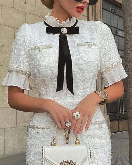 Elegant Women's Dress – New Slim Fit Round Neck, Short Sleeve, Bow Ruffle Hem, Beaded Formal White Dress (Vestidos)