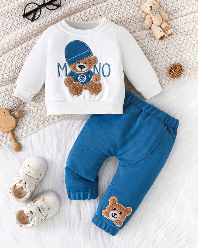 Terno For Kid 3-24Months Casual Cartoon Bear Long Sleeve tee and Navy Pants Outfit Toddler Infant Clothing Set Kids Wear