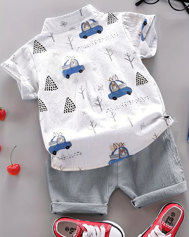 Infant and toddler summer full print bear driving pattern short sleeved shorts set for outdoor standing collar shirt fashion two