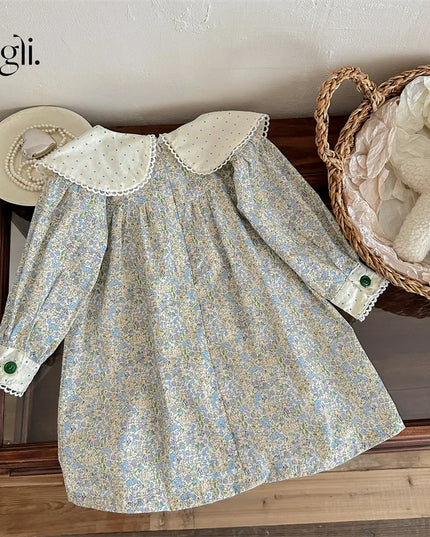 Spring Autumn Kids Baby Girls Dress Cotton Floral Printed Dot Turndown Collar Long Sleeve Toddler Girl Dress Children Girl Dress