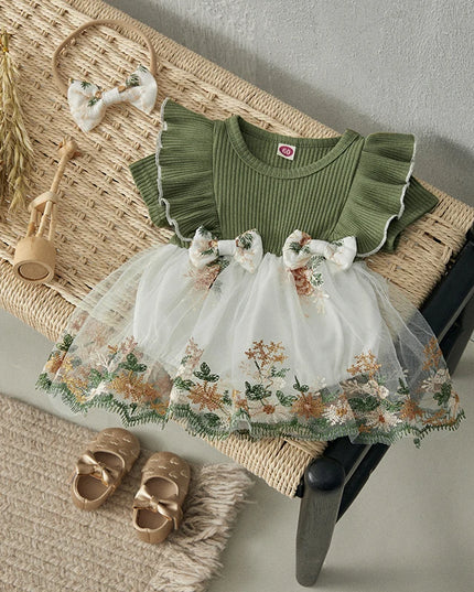 BeQeuewll 0-2Y Baby Girl Romper Dress Flower Embroidery Knit Rib Ruffles Crew Neck Jumpsuits Summer Bodysuits with Bow Headband
