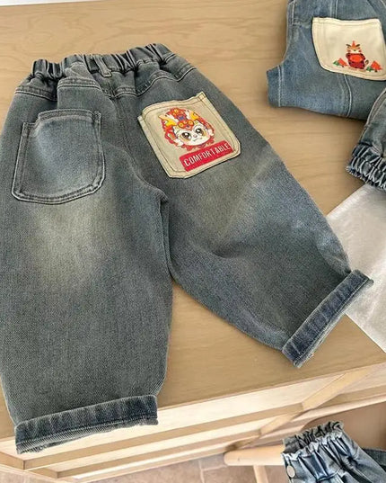 2024 Spring Autumn Kid Boys Denim Pants Side Pocket Polished White Children Boys Pants Elastic Waist Casual Baby Boys Trousers