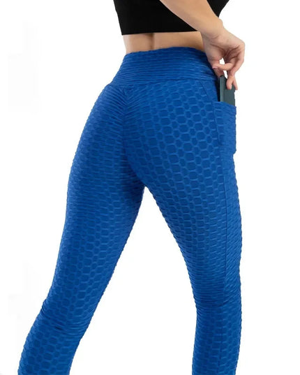 Women Fashion Pocket Bubble Pants Stretchy Slim Leggings Gym Running Cycling Fitness Pants High Waist Hip Lift Leggings Female