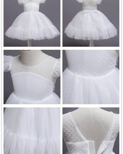 Flower Girl Wedding Dress Kids Pink Birthday Party Bow Princess Clothes Baby Evening Gala Costume Summer Ruffle Sleeve Tutu Gown