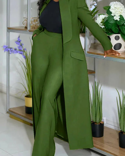 Women's Set Full Sleeve X-Long Blazer Coat+ Long Pant Suit