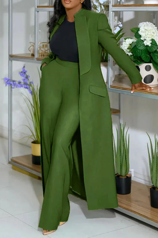 Women's Set Full Sleeve X-Long Blazer Coat+ Long Pant Suit