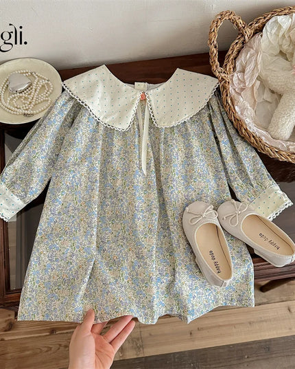 Spring Autumn Kids Baby Girls Dress Cotton Floral Printed Dot Turndown Collar Long Sleeve Toddler Girl Dress Children Girl Dress