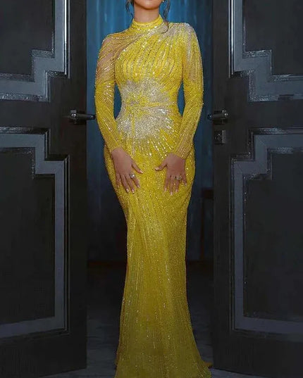 Luxury Yellow Mermaid Evening Dresses For Women High Neck Long Sleeves Beaded Sparkly Prom Dress 2025 Wedding Party Dress