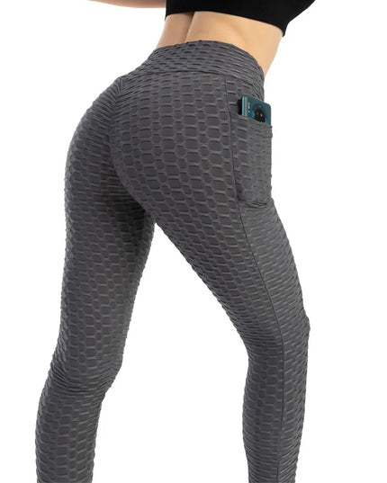 Women Fashion Pocket Bubble Pants Stretchy Slim Leggings Gym Running Cycling Fitness Pants High Waist Hip Lift Leggings Female