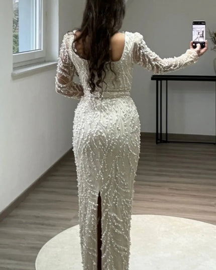 Contessa Dubai Beading Pearls Wedding Dress Square Collar Long Sleeves vestidos de noche Rear Forks فساتين سهرة Customized 2025