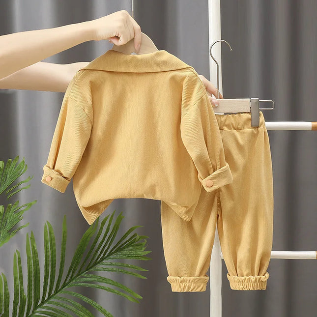 2025 New children's set boys' spring and autumn corduroy letter cardigan long sleeved two-piece set 1-5 years old