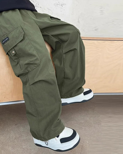 Boys Cargo Pants Children Spring Casual Trousers Children Autumn Straight Loose Pants Teenager Solid Color Wide-leg Clothing