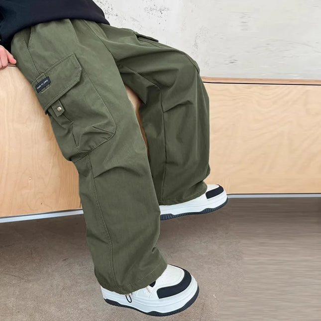 Boys Cargo Pants Children Spring Casual Trousers Children Autumn Straight Loose Pants Teenager Solid Color Wide-leg Clothing