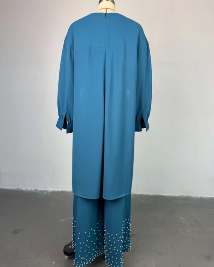 two piece sets women outfits o neck long lantern sleeve tops Embroidered Flares wide leg trousers fashion casual party Pant Sets