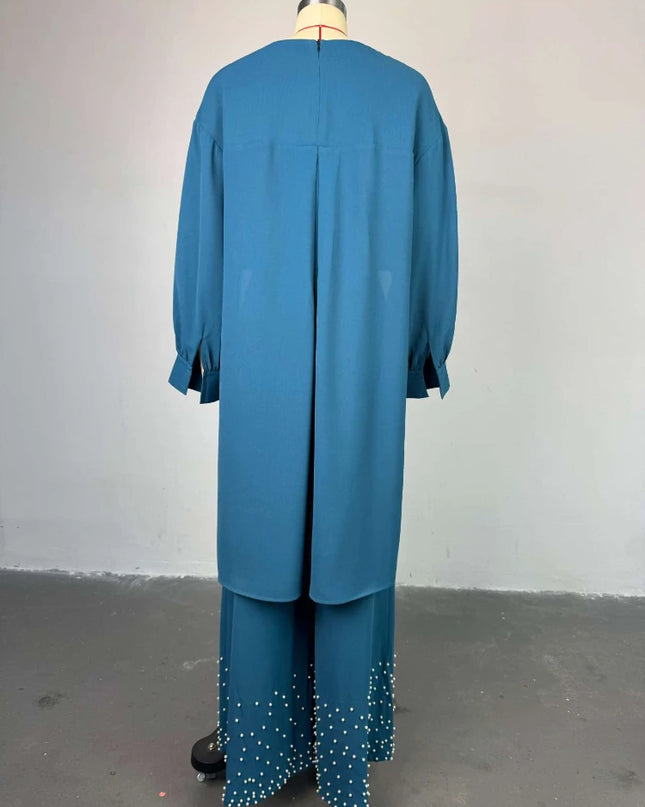 two piece sets women outfits o neck long lantern sleeve tops Embroidered Flares wide leg trousers fashion casual party Pant Sets