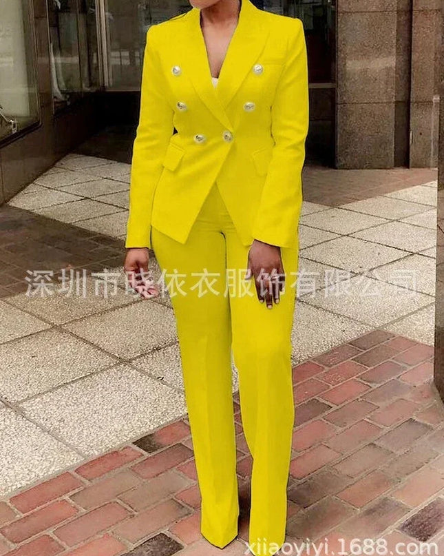 Women Pants Set Two Piece Sets Turn Down Collar White Blazer Elegant Coats Matching Sets Work High Waist Long Pants Suits