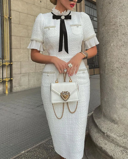 Elegant Women's Dress – New Slim Fit Round Neck, Short Sleeve, Bow Ruffle Hem, Beaded Formal White Dress (Vestidos)