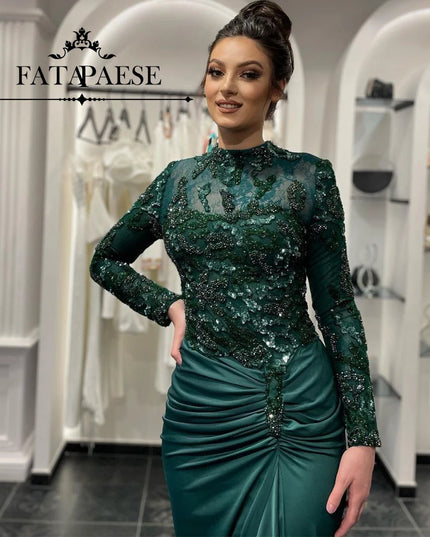 FATAPAESE Customized Evening Dress Higg Neck with Beading Stones Sequins Full Sleeve Maxi Skirt Train Special Occasion Gown