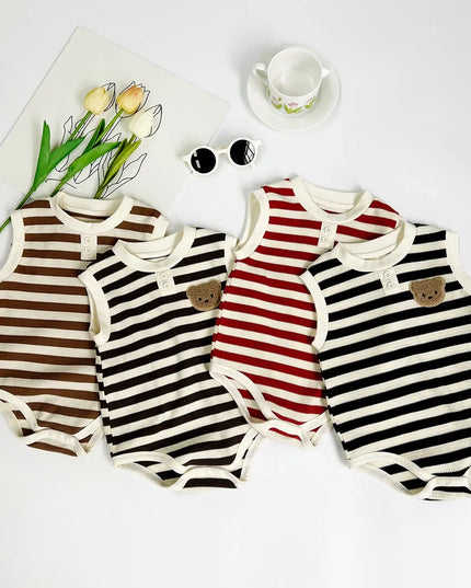 Summer Newborn Baby Romper – Cartoon Bear Striped Jumpsuit for Girls & Boys, Korean One-Piece Onesie (0-24M)