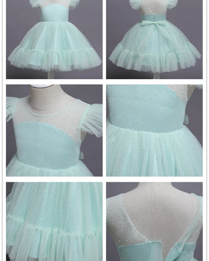 Flower Girl Wedding Dress Kids Pink Birthday Party Bow Princess Clothes Baby Evening Gala Costume Summer Ruffle Sleeve Tutu Gown