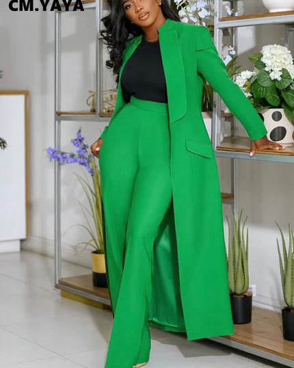Women's Set Full Sleeve X-Long Blazer Coat+ Long Pant Suit