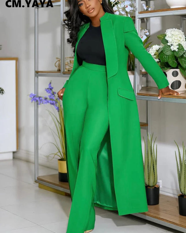 Women's Set Full Sleeve X-Long Blazer Coat+ Long Pant Suit
