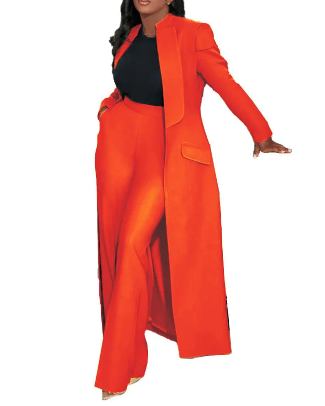 Women's Set Full Sleeve X-Long Blazer Coat+ Long Pant Suit