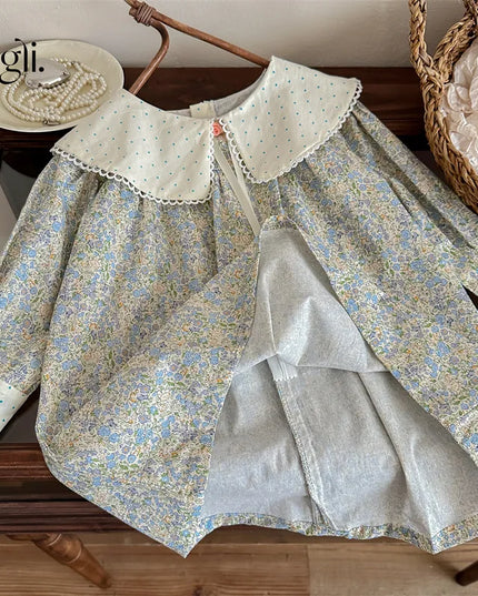 Spring Autumn Kids Baby Girls Dress Cotton Floral Printed Dot Turndown Collar Long Sleeve Toddler Girl Dress Children Girl Dress