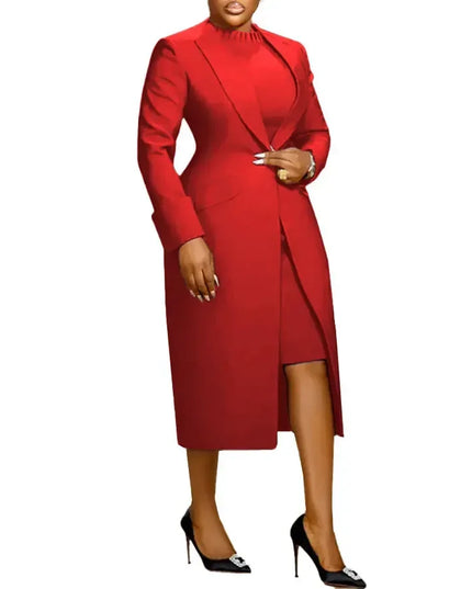 Women's Set Full Sleeve Long Blazer Coat+ Long Dress Suit  Winter Streetwear T