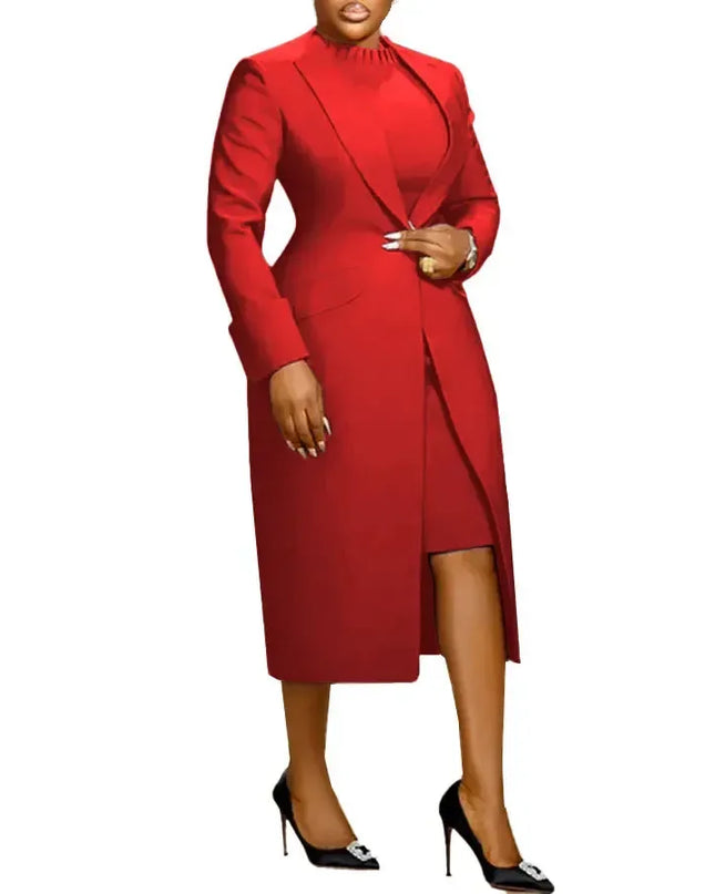 Women's Set Full Sleeve Long Blazer Coat+ Long Dress Suit  Winter Streetwear T