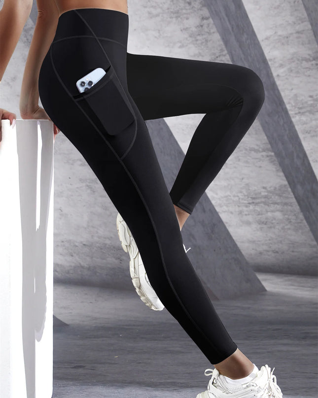New High Waist Women's Leggings Stretch Yoga Pants Tights With Pockets Push Up Fitness Running Sportswear Solid Color Pants