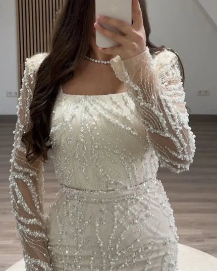 Contessa Dubai Beading Pearls Wedding Dress Square Collar Long Sleeves vestidos de noche Rear Forks فساتين سهرة Customized 2025