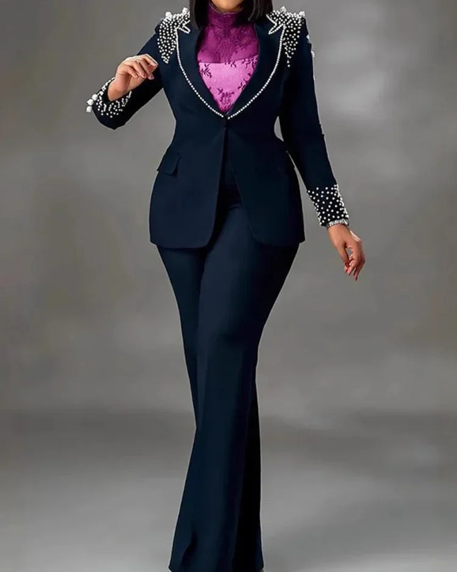 2 Pieces Women's Sets A Long Sleeve Pearl Blazers Suit