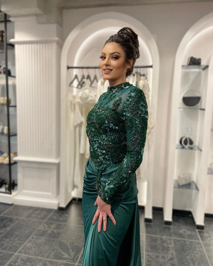 FATAPAESE Customized Evening Dress Higg Neck with Beading Stones Sequins Full Sleeve Maxi Skirt Train Special Occasion Gown