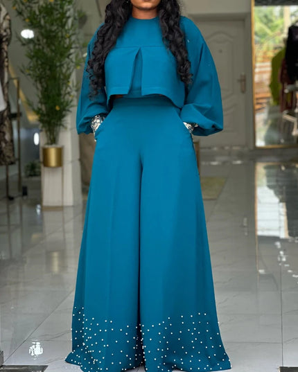 two piece sets women outfits o neck long lantern sleeve tops Embroidered Flares wide leg trousers fashion casual party Pant Sets