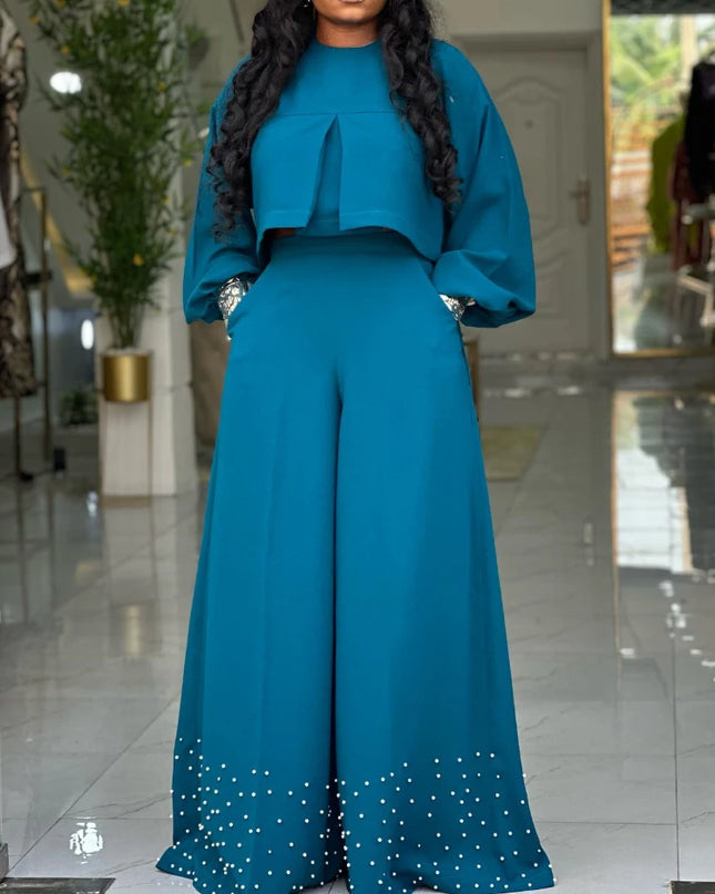 two piece sets women outfits o neck long lantern sleeve tops Embroidered Flares wide leg trousers fashion casual party Pant Sets