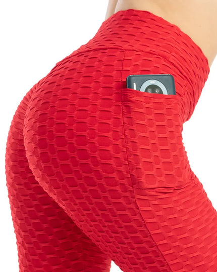 Women Fashion Pocket Bubble Pants Stretchy Slim Leggings Gym Running Cycling Fitness Pants High Waist Hip Lift Leggings Female