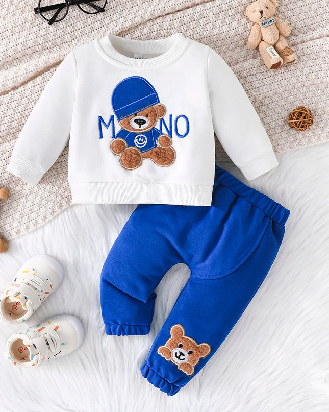 Terno For Kid 3-24Months Casual Cartoon Bear Long Sleeve tee and Navy Pants Outfit Toddler Infant Clothing Set Kids Wear