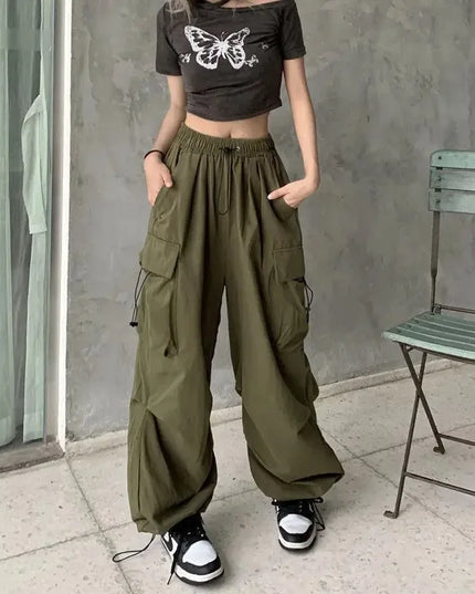 Women Casual Joggers Tech Pants Solid Low Waist Pants Drawstring Wide Leg Baggy Trousers Y2k Streetwear Oversize Sweatpants