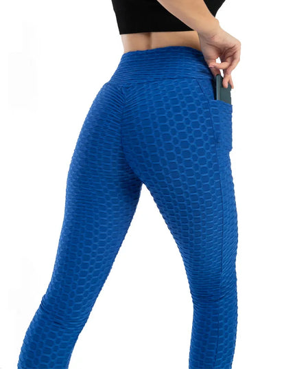 Women Fashion Pocket Bubble Pants Stretchy Slim Leggings Gym Running Cycling Fitness Pants High Waist Hip Lift Leggings Female