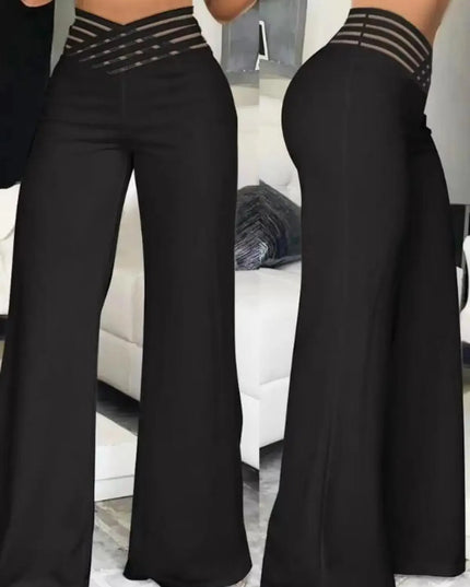 Women Wide Leg Flared Pants Autumn Casual Crisscross Sheer Mesh Patch High Waist Trousers Y2k Streetwear Elegant Work Pant